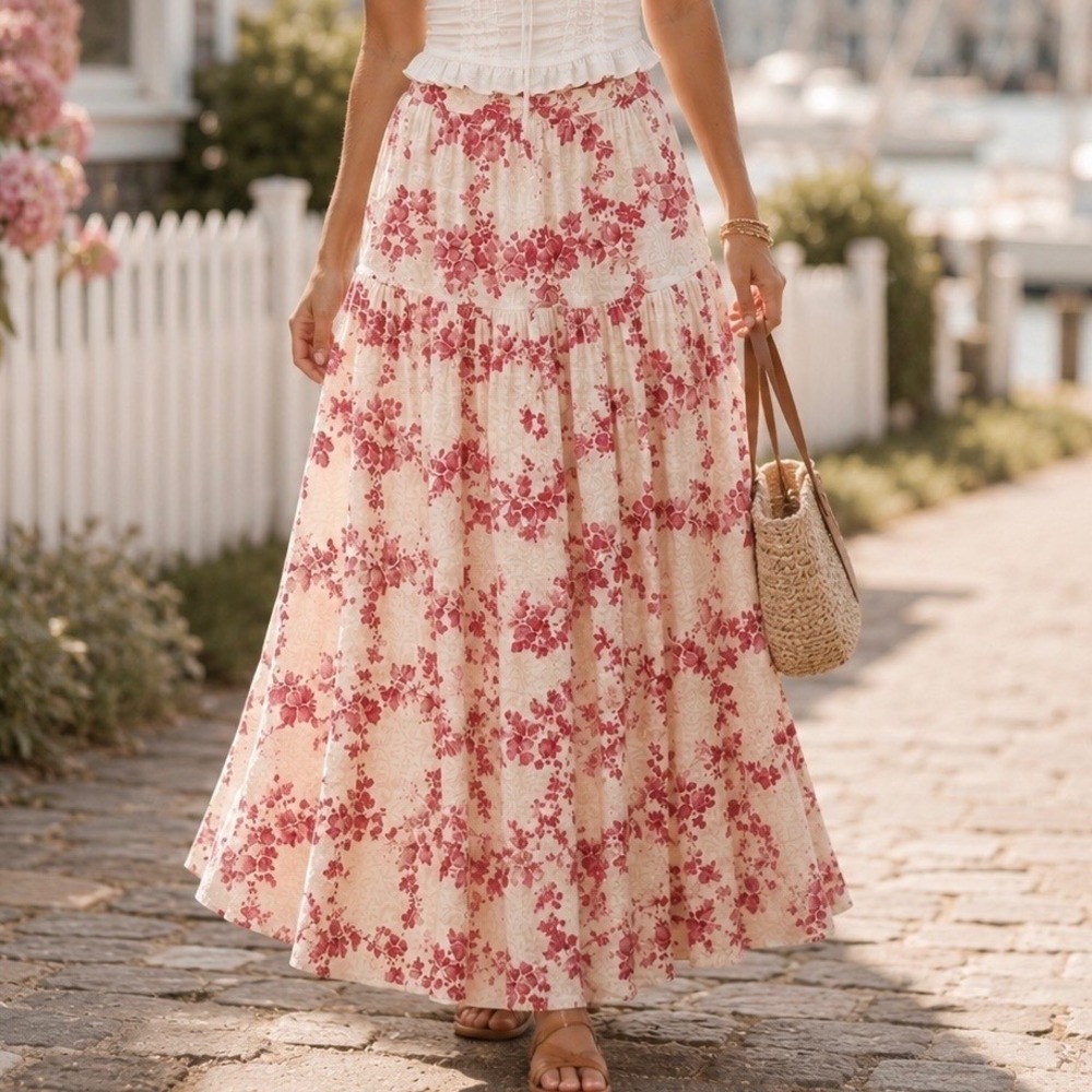Olivaceous Maxi Skirt Red Cream Floral Linen Cotton Tiered Romantic Boho M